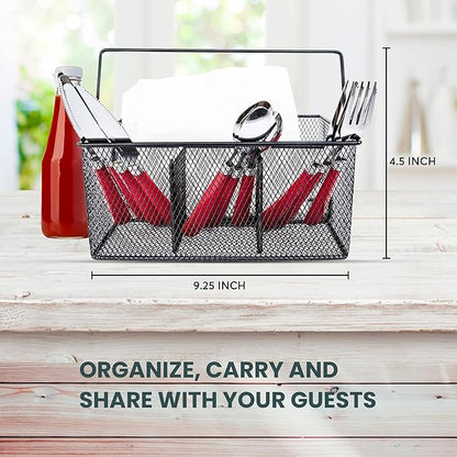 Utensil Caddy -Silverware Caddy for Parties, Spoon Holder, Buffet Organizer for Condiments, Napkin, Forks, Knives -Stainless Steel Flatware Caddy for Home, Picnics or Entertaining Evens (Black)