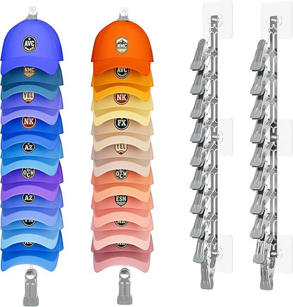 SWTYMIKI Hat Organizer for Baseball Caps - 2 Pack Hat Rack for Wall with Strong Adhesive and 10 Clips, Storage Display Holds up to 20 Caps for Bedroom, Closet, Two Mounting Option（Silver）