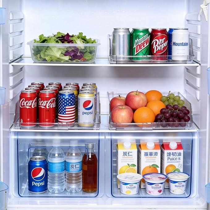 Adjustable Soda Can Dispenser for Refrigerator –Expandable Width PET Drink Organizer, Stackable Space-Saving Fridge Organizer for Cans & Bottles – 2 Pack