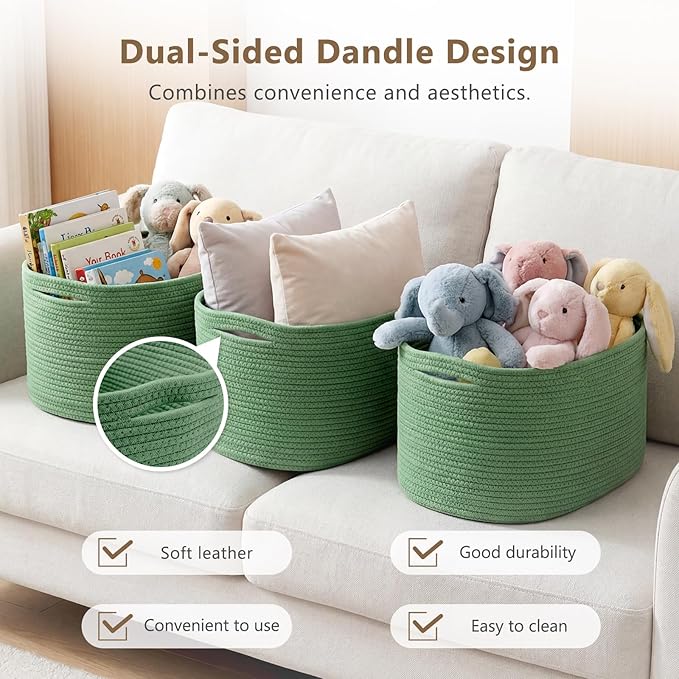 ECDYQXVU Cotton Rope Storage Basket, 15x10x9 Inches, Woven Basket for Shelves, Clothes, Towels, Books, and Laundry, Green (3 Pack)