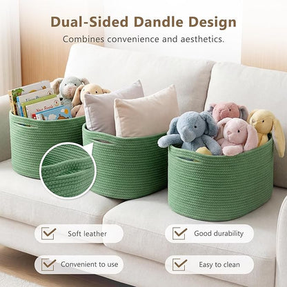 ECDYQXVU Cotton Rope Storage Basket, 15x10x9 Inches, Woven Basket for Shelves, Clothes, Towels, Books, and Laundry, Green (3 Pack)