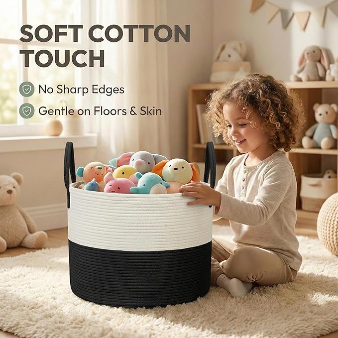 JMvicyroam 65L Extra Large Blanket Basket for Living Room - Woven Cotton Rope Laundry Hamper with Reinforced Handles - Storage Bin for Pillows, Comforters & Toys - Machine Washable,White&Black