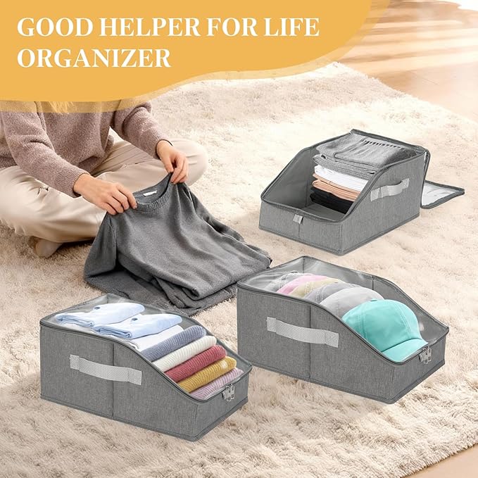 2 PCS Stackable Hat Organizer for Baseball Caps, Hat Storage Holder Holds up to 24 Caps for Closet/Shelf, Hat Box Holder with Clear Window Lid And Sturdy Cardboard, for Closet Bedroom Shelf (Grey)