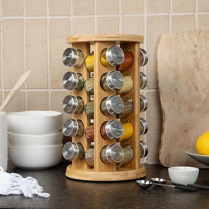 Orii 20 Jar Rotating Bamboo Spice Rack with Spices Included & 5-Year Free Spice Refill Program – Revolving Countertop Spice Rack with Glass Jars