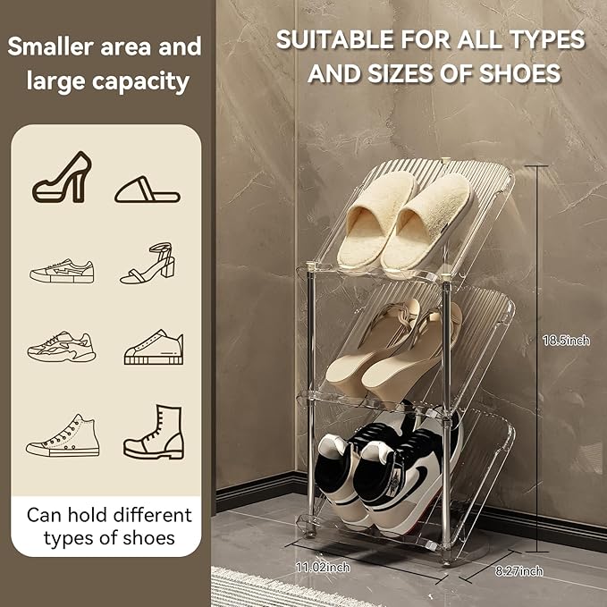 YYW Narrow Shoe Rack Vertical Shoes Rack for Entryway Corner Shoe Storage Organizer for Small Spaces Transparently Tall Slim Shoe Shelf for Front Door Entrance Living Room White 3 Layers