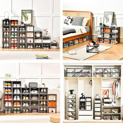 Clemate Upgraded X-Large Shoe Organizer,Shoe Storage Organizer,12 Pack,Shoe Box Clear Plastic Stackable,Drop Front Shoe Box with Clear Door, Shoe Containers For Sneaker Display,Fit up to US Size12
