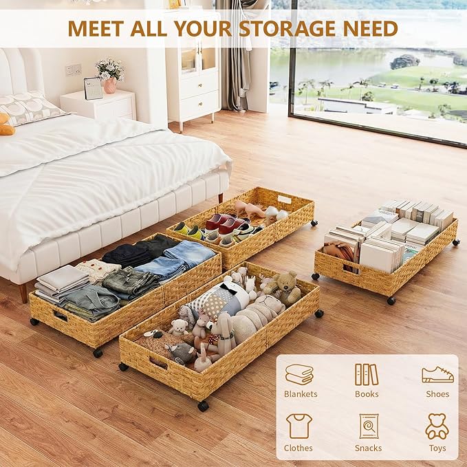 Under Bed Storage with Wheels, 31.5In/40L Large Rolling Underbed Storage Organizer Drawers Bins, Rattan Under the Bed Storage Containers with Handles, Space Saving Design for Clothes,Shoes,Books