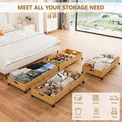 Under Bed Storage with Wheels, 31.5In/40L Large Rolling Underbed Storage Organizer Drawers Bins, Rattan Under the Bed Storage Containers with Handles, Space Saving Design for Clothes,Shoes,Books
