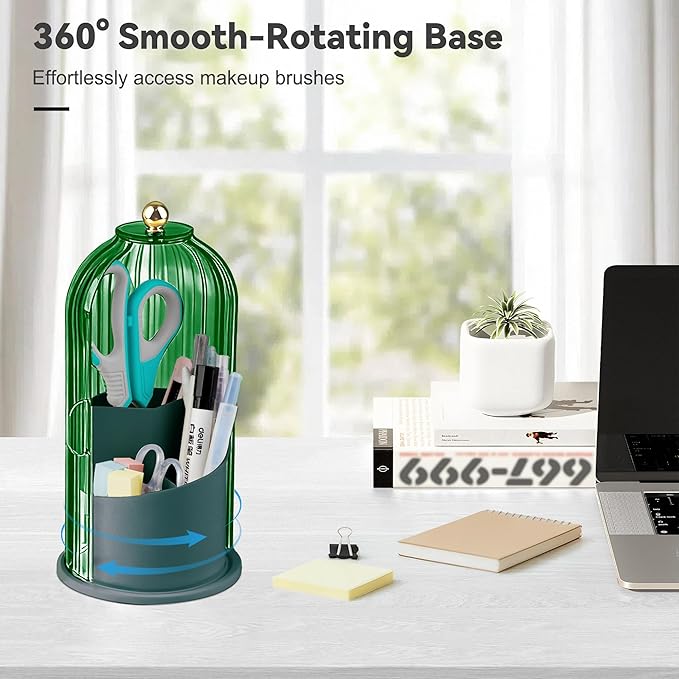 Hvygss 360° Rotating Makeup Brush Holder with Lid, Waterproof Three-Compartment Makeup Organizer, 180° Side-Pull Door Desk Organizer, Dustproof Brush Holder for Vanity and Bathroom (Green)