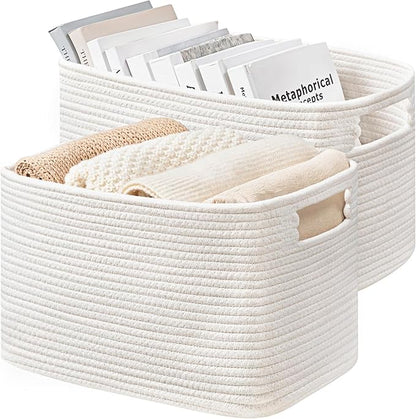 UBBCARE 2 Pack Storage Baskets for Organizing, Shelf Baskets with Handles, Woven Storage Baskets for Bookcase/Cube Shelf/Closet, 14.5"L x 9.8"W x 9"H, White