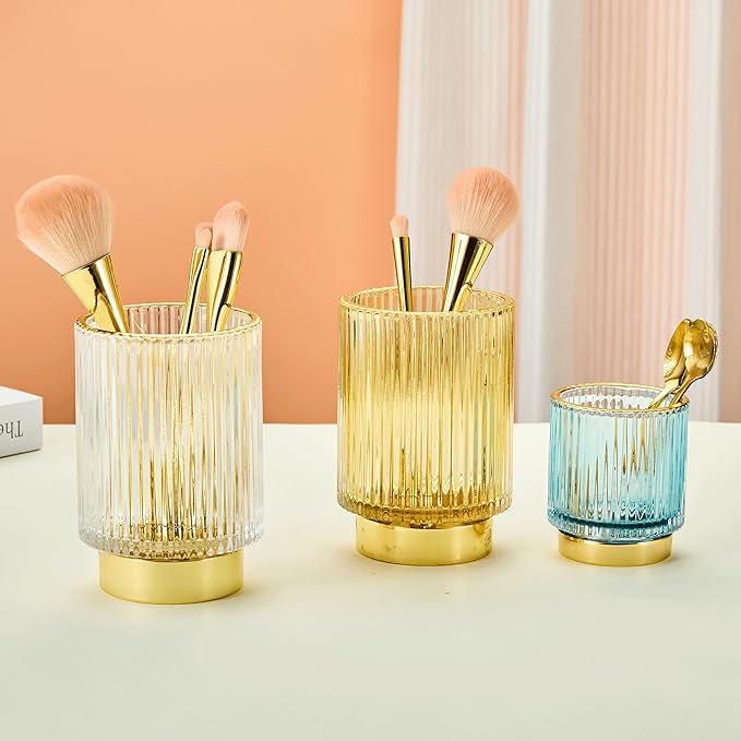 Makeup Brush Holder Organizer,Toothbrush Holders,Desk Pen Pencil Holder,Multifunctional Vintage Glass Brush Cup（L/White/A3-9-US）