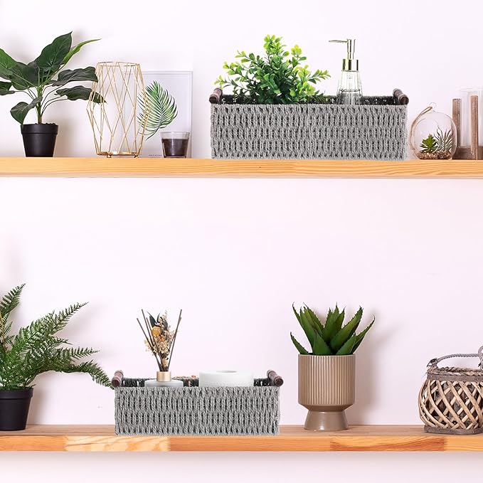 Boao 3 Pcs Boho Storage Wicker Baskets Handmade Woven Decorative Paper Rope Baskets for Organizing with Handle Countertop Toilet Paper Storage Container for Toilet Tank Top(Grey,Rectangle)
