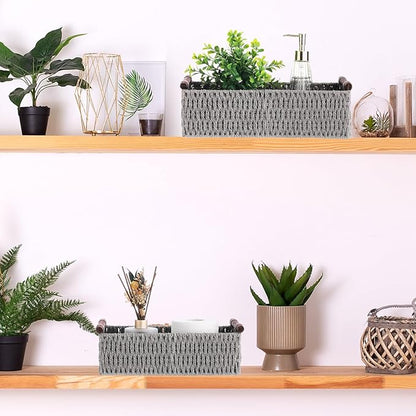 Boao 3 Pcs Boho Storage Wicker Baskets Handmade Woven Decorative Paper Rope Baskets for Organizing with Handle Countertop Toilet Paper Storage Container for Toilet Tank Top(Grey,Rectangle)