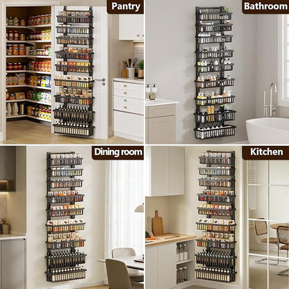 POKIPO 9 Tier Over The Door Pantry Organizer, 2 in 1 Wall Mount or Hanging Spice Rack with Adjustable Deep Basket, Heavy-Duty Seasoning Organizer and Storage for Kitchen Cabinet Closet Bathroom