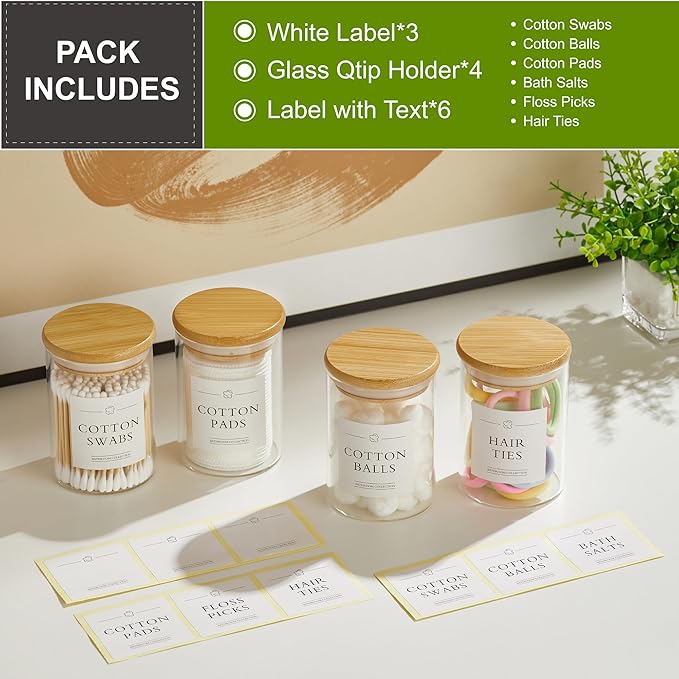 INIUNIK 4 Pack Qtip Holder Dispenser - Glass Apothecary Jars with Lids, Cotton Ball Pad Swab Round Holder, Bamboo Bathroom Accessories, Bathroom Organizers Containers Jars Canisters with Lids