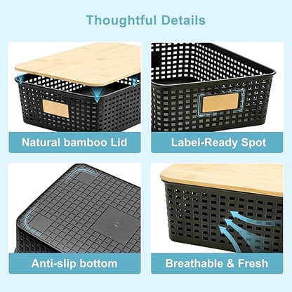Bagnizer 4 Pack Plastic Storage Bins with Bamboo Lids, 6.2qt Stackable Storage Organizer Box with Lable for Pantry Shelves Drawers Desktop Office, 12"L x 8.3"W x 3.5"H, Black
