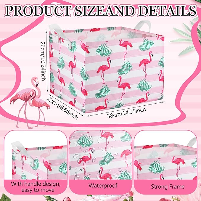 Geelin 3 Pcs Flamingo Baskets Summer Storage Basket for Gifts Collapsible Waterproof Canvas Cute Storage Bin Organizer with Handles for Book Closet Shelf Nursery Decor