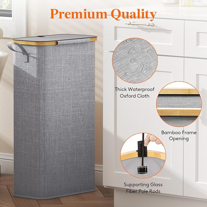 Lifewit 65L Slim Laundry Hamper with Lid, Narrow Laundry Basket with Removable Bag & Bamboo Handles, Fodable Thin Dirty Clothes Hamper for Laundry Collapsible Bin for Bathroom Bedroom Dorm, Gray