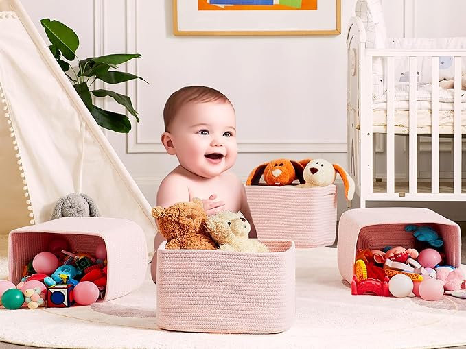 Set of 4 Pink Rope Basket for Shelves Woven Rectangle Storage Basket Bins for Nursery Toy Storage for Baby Girl