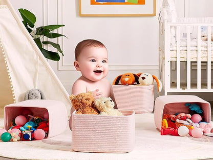 Set of 4 Pink Rope Basket for Shelves Woven Rectangle Storage Basket Bins for Nursery Toy Storage for Baby Girl