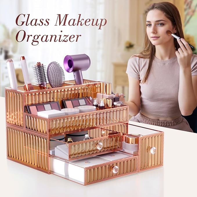 Youdepot Makeup Organizer Golden- Tempered Glass Vanity Organizer for Cosmetics, Skincare, Hair Tools, Brushes, Perfume - Multipurpose Bathroom Counter Skincare Organizer