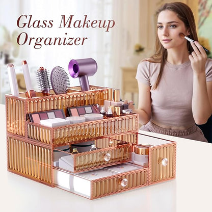 Youdepot Makeup Organizer Golden- Tempered Glass Vanity Organizer for Cosmetics, Skincare, Hair Tools, Brushes, Perfume - Multipurpose Bathroom Counter Skincare Organizer