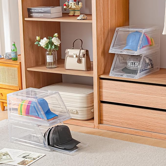 Amllas 2 Pack Stackable Hat Organizer for Baseball Caps, Large Clear Hat Holder with Sliding Drawer, Hat Storage Box with Door, Baseball Cap Organizer