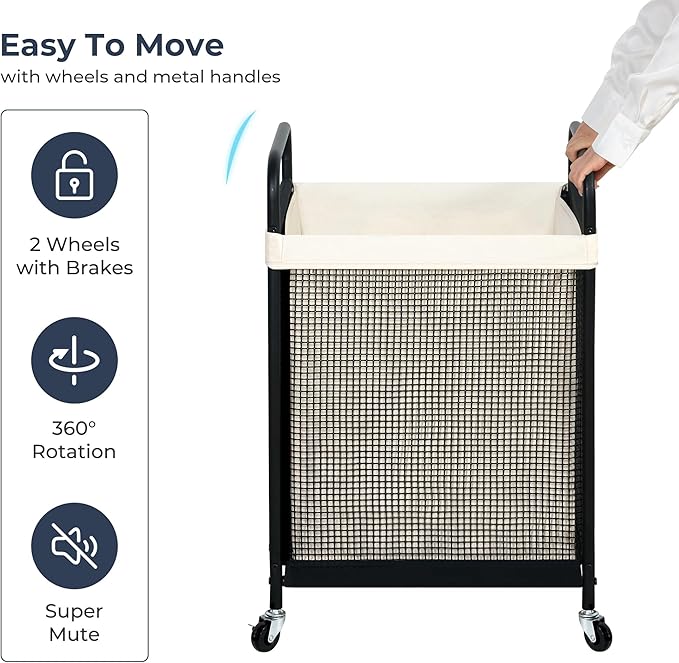 STO STO Laundry Hamper, 90L Rolling Laundry Sorter Cart with Removable and Washable Liner Bag, Clothes Hamper with Wheels and Metal Handle for Laundry Room and Bedroom