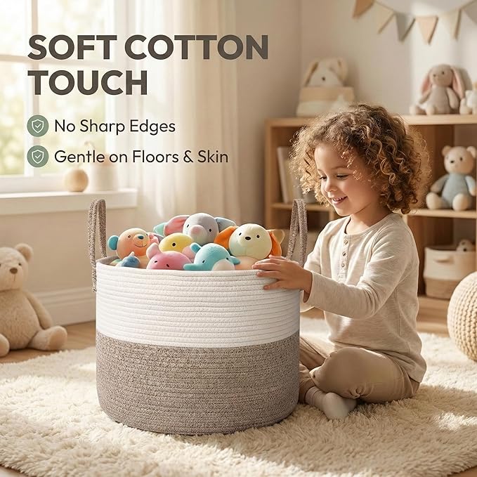 JMvicyroam 65L Extra Large Blanket Basket for Living Room - Woven Cotton Rope Laundry Hamper with Reinforced Handles - Storage Bin for Pillows, Comforters & Toys - Machine Washable,White&Brown