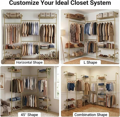 Wall Mounted Closet System – Adjustable Clothing Rack with 4 Expandable Rods & 6 Shelves, Heavy Duty Industrial Pipe Clothes Rack for Closet Organizer and Storage, Gold