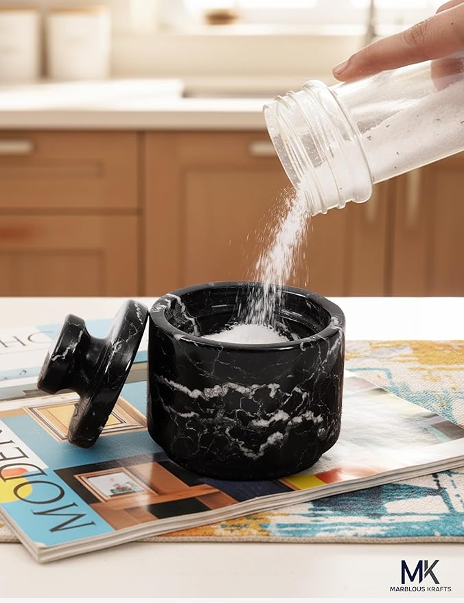 MARBLOUS KRAFTS Marble Salt Cellar with Lid and Spoon 3" Inch Black Zebra Flaky Salt Box for Gift, Modern Small Set of 2 Sugar Kitchen Countertop Storage, Coffee Container, Spice Jars, Candy Jar