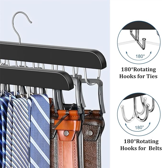 2 Packs Tie Rack & Belt Hanger 2 in 1 Hanger for Closet Organizer Max 42 Belts with 60 Ties Capacity Durable Wooden Tie and Belt Collection Organizer U for Belt and 一 for Tie Racks (Black)