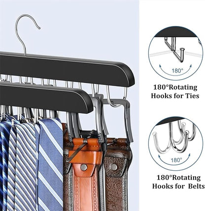 2 Packs Tie Rack & Belt Hanger 2 in 1 Hanger for Closet Organizer Max 42 Belts with 60 Ties Capacity Durable Wooden Tie and Belt Collection Organizer U for Belt and 一 for Tie Racks (Black)