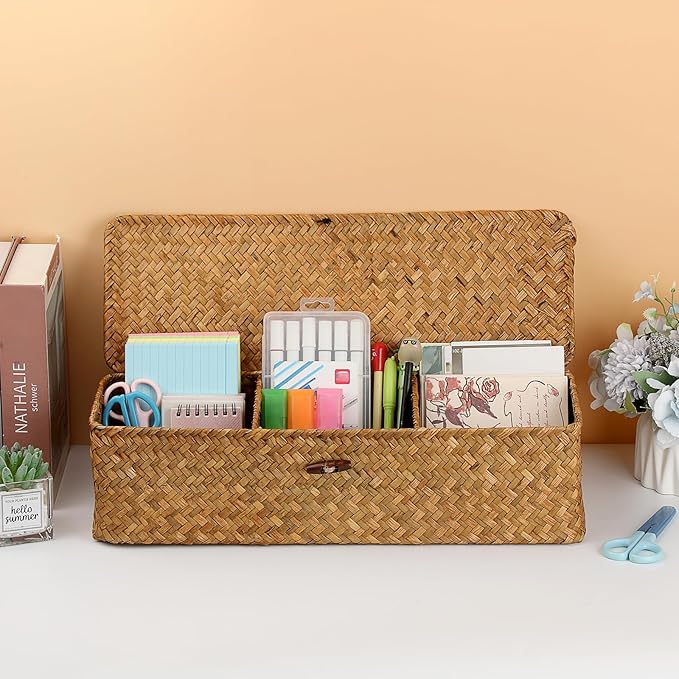 Hipiwe Handwoven Wicker Basket Box Rectangular Wardrobe Home Organizer with Lid 3 Sections Toilet Paper Holder Home Organizer for Tissue Snacks, Caramel