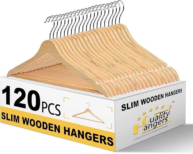 Quality Hangers Premium Slim Wooden Hangers 120 Pack - Thin Space Saving Hangers with 360 Degree Swivel Hook & Shoulder Groves Types of Clothing – Natural (120, Natural)