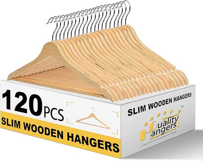 Quality Hangers Premium Slim Wooden Hangers 120 Pack - Thin Space Saving Hangers with 360 Degree Swivel Hook & Shoulder Groves Types of Clothing – Natural (120, Natural)