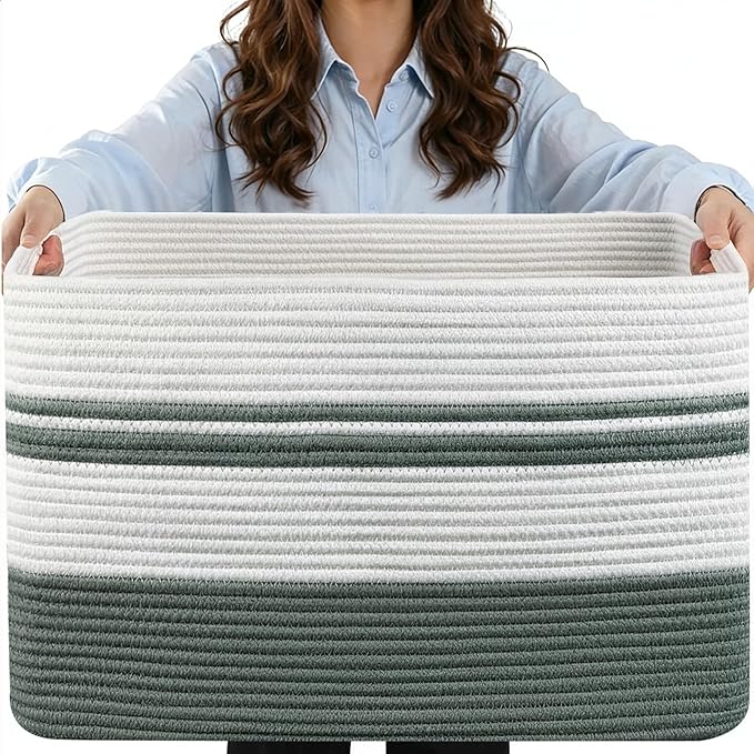 75L Large Blanket Basket, 22"x17"x12"Rectangle Cotton Rope Woven Storage Basket with Handles, Laundry Hamper for Living Room, Nursery, Bedroom - Chemical-Free, Kid & Pet Safe - Sage Green