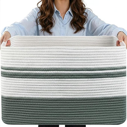 75L Large Blanket Basket, 22"x17"x12"Rectangle Cotton Rope Woven Storage Basket with Handles, Laundry Hamper for Living Room, Nursery, Bedroom - Chemical-Free, Kid & Pet Safe - Sage Green