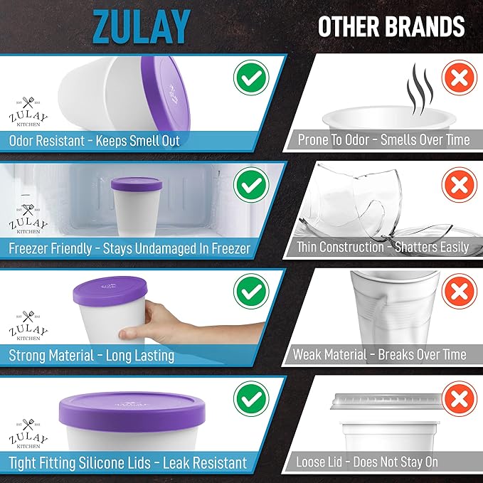 Zulay [2 Pack - 1 Quart Each] Large Ice Cream Containers For Homemade Ice Cream - Reusable Ice Cream Container Set with Lids - Ice Cream Pint Containers For Sorbet, Gelato, Frozen Yogurt (Purple)