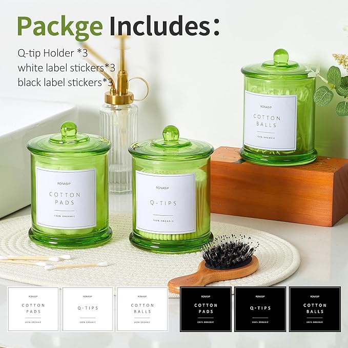 Ronasip 3 Pack Green Qtip Holder Dispenser, 16oz Bathroom Organizer and Storage Canisters, Glass Apothecary Jars with Lid - Home Decor, Room Decor Aesthetic