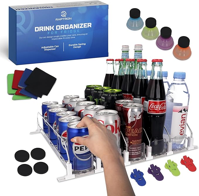 Drink Organizer for Fridge-White Automatic Pusher Glide,12oz 16oz 20oz-Soda Dispenser for Fridge-Holds up to 25 Cans