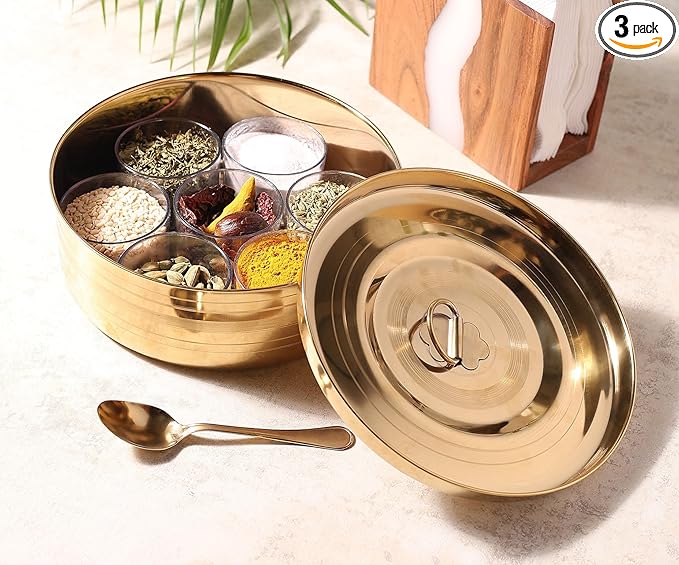Prarabdh Golden Masala Box Gold Plated Spice Box with spoon for Kitchen