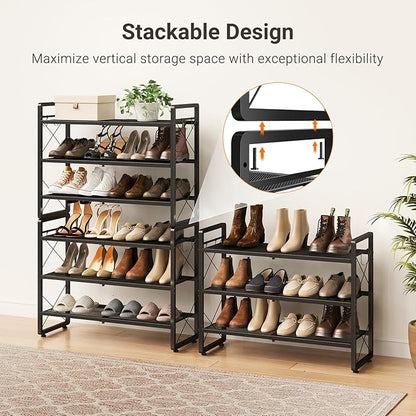 ELYKEN Shoe Rack, 3-Tier Expandable Shoe Organizer for Entryway, Metal Black Shoe Shelf with 4 Hooks, Ajustable Shoe Stand Holder for Closet, Garage, Door Entrance