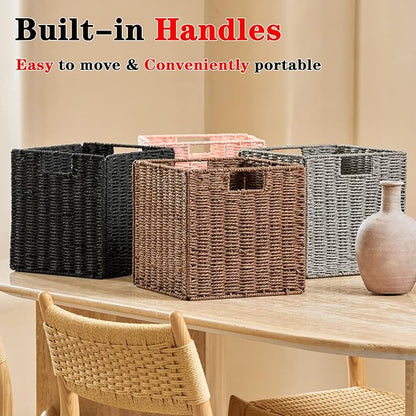 Vagusicc Wicker Basket, Set of 2 Hand-Woven Paper Rope Storage Baskets for Organizing, Foldable Cubby Storage Bins, 11 Inch Large Wicker Storage Basket, Square Baskets Cube Storage Organizer, Brown