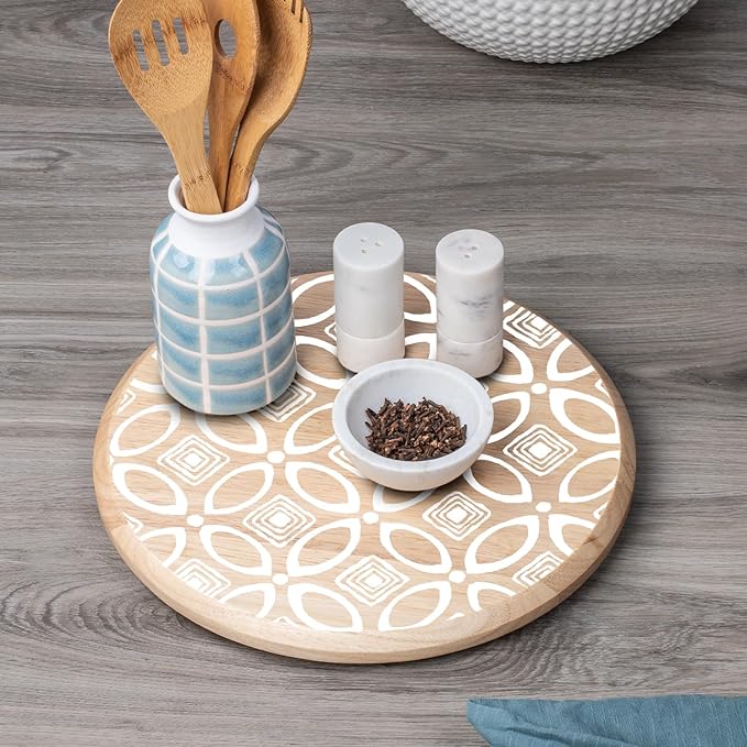 CounterArt Decorative Round Natural Wood Lazy Susan Turntable 14" Diameter Condiment Caddy, Cheese Server, Cake Plate, Spice Organization (White Geometric)