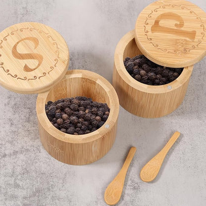 2 Layers Acacia Wood Salt & Pepper Bowl with Built-in Spoon and Magnetic Swivel Lid - Dustproof Salt Holder for Kitchen Serving (Wood)