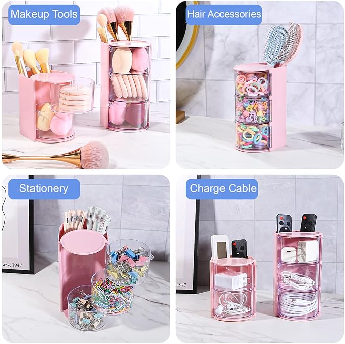 DASITON 3-Layer Makeup Brush Holder with Hair Accessories Organizer, Rotatable Desktop Organizer Case for Hair Clip, Makeup Sponge, Jewelry and Hair Accessories, Hair Brush Holder for Vanity (Pink)