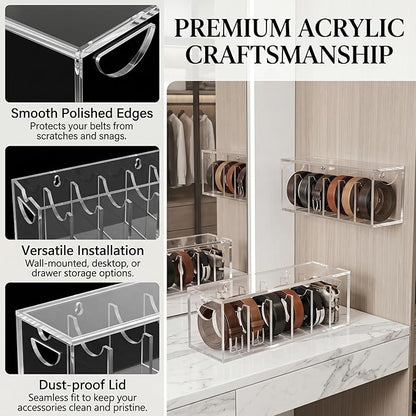 Acrylic Belt Organizer with Dust Cover – Clear Belt Storage Box for Closet or Drawer, Belt and Tie Display Holder Case with 7 Compartments for Men and Women