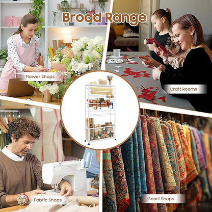 16-Tier Double-Sided Ribbon Holder Organizer Rack with Storage Basket & Wheels, Multifunctional Flower Wrapping Paper Display Stand for Craft Rooms, Flower Shops (White, 31.5''W x 12.6''D x 59.06''H)