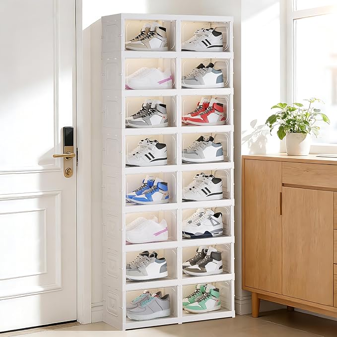 Shoe Box Foldable Storage Box Installation-free Clear Plastic Stackable Shoe Storage Cabinet Shoe Organizer Shoe Container Box with Lids Large Size Shoe Rack (8 Tiers 16 Pairs)